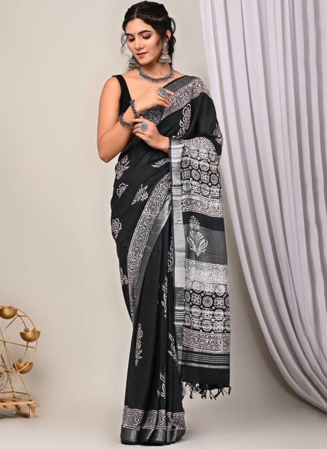 Pure Linen Cotton Black Casual Wear Pure Hand Work Saree